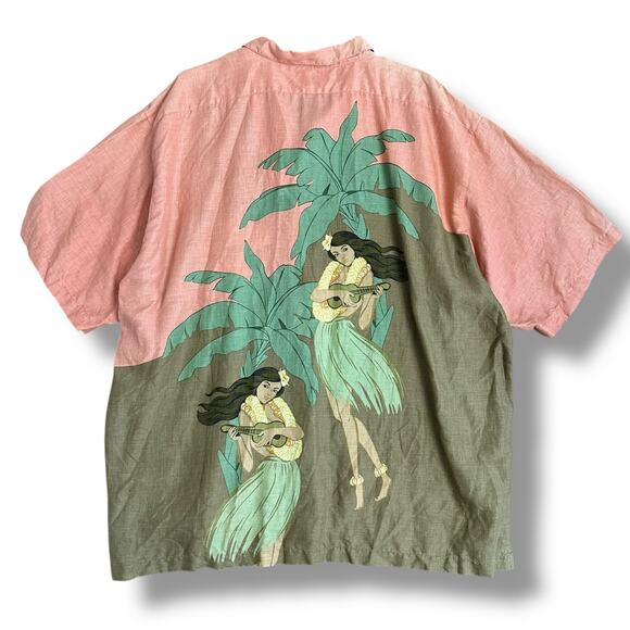 Tommy Bahama Men’s XXL 100% Linen Hawaiian Camp Shirt Hula Girl Palm Tree Print - Picture 6 of 10